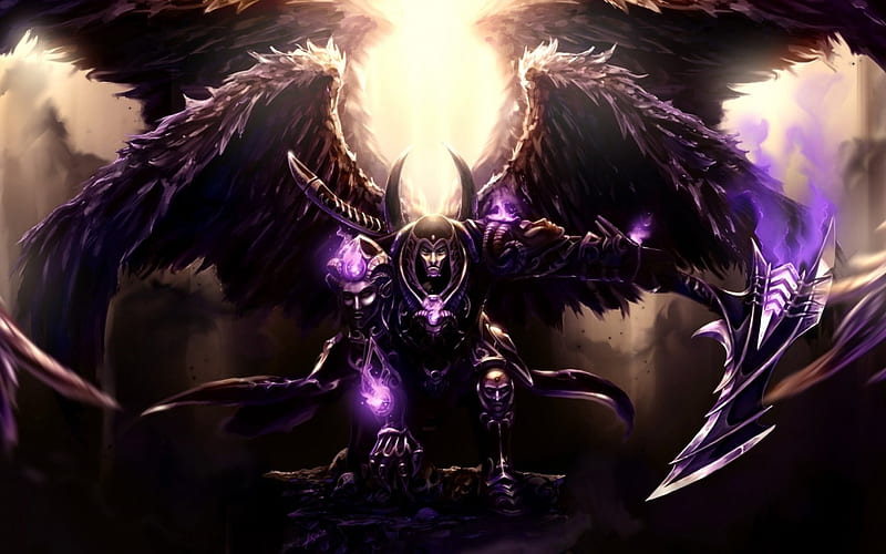Thanatos, art, wings, death, angel, black, fantasy, purple, dark, god, HD wallpaper