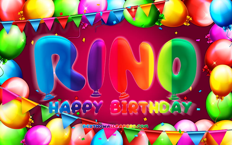 Happy Birtay Rino colorful balloon frame, female names, Rino name, purple background, Rino Happy Birtay, Rino Birtay, creative, Birtay concept, Rino, HD wallpaper