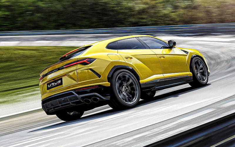 Lamborghini Urus, 2019, exterior, rear view, yellow SUV, new yellow Urus, racing track, Lamborghini, HD wallpaper