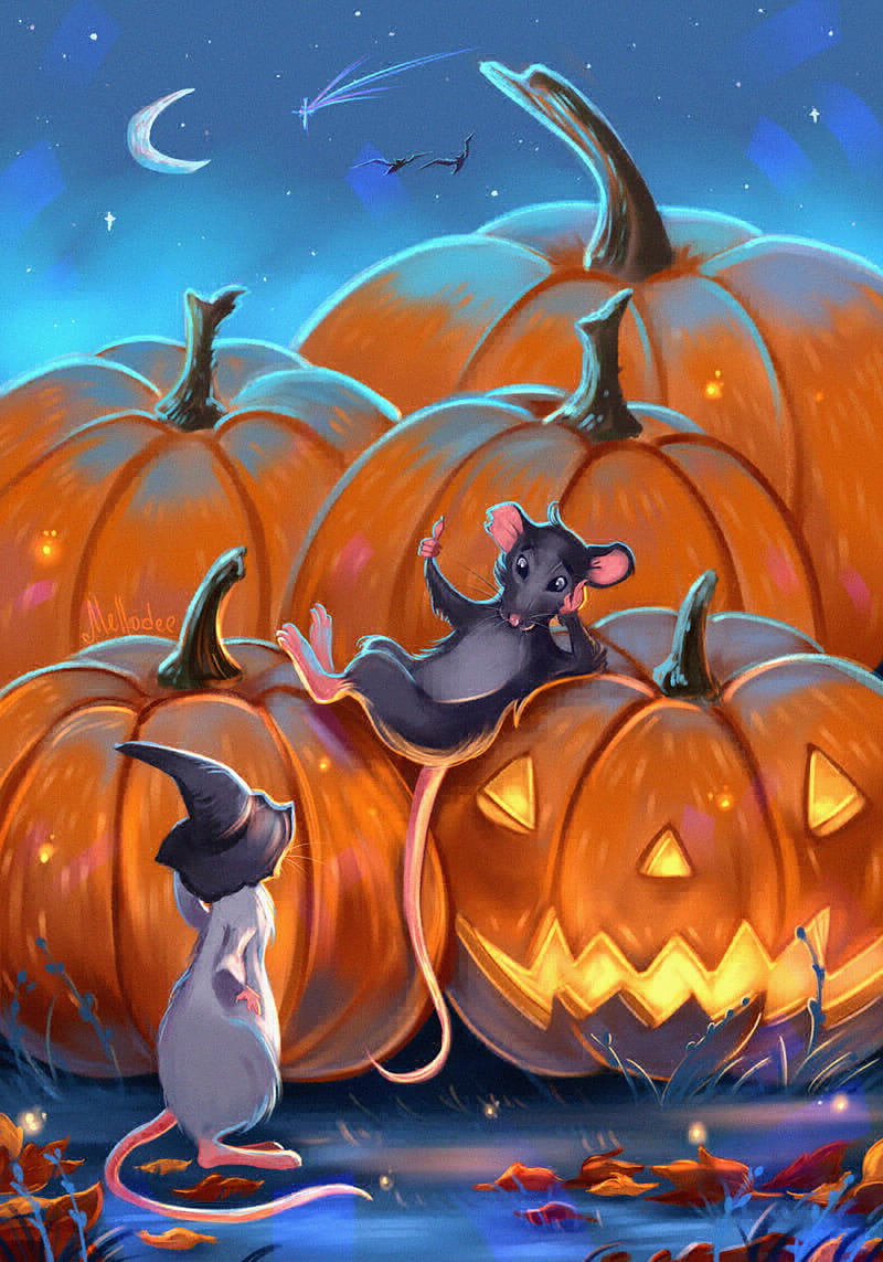 mouses, pumpkin, art, halloween, night, HD phone wallpaper