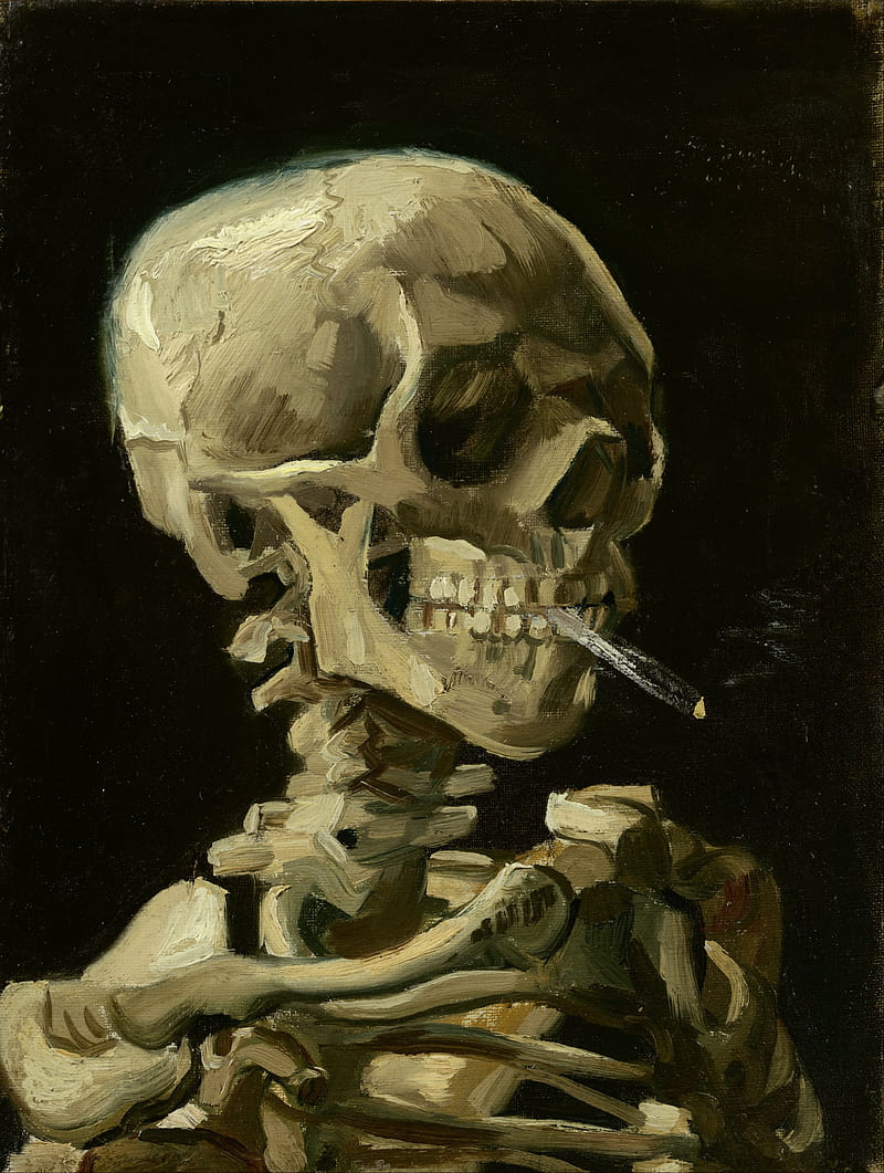 painting, skeleton, cigarettes, smoking, artwork, black background, dark, HD phone wallpaper