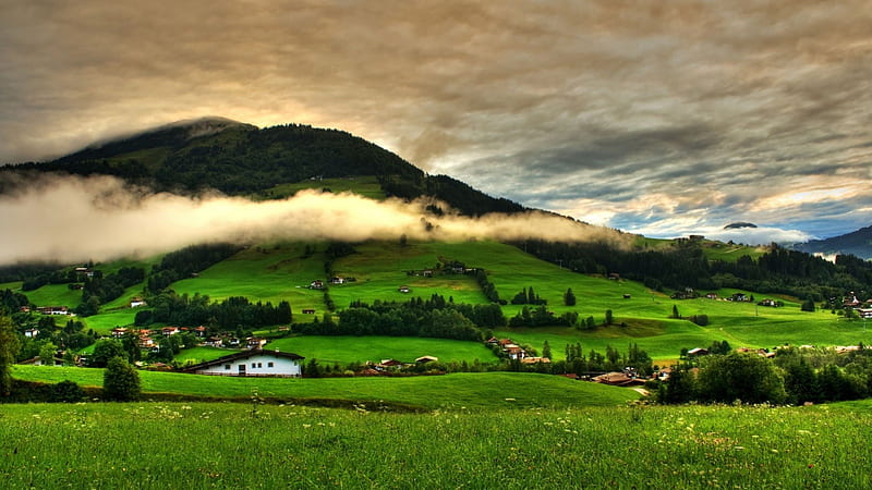 lovely village on a green mountainside r, mountain, grass, village, r, clouds, HD wallpaper