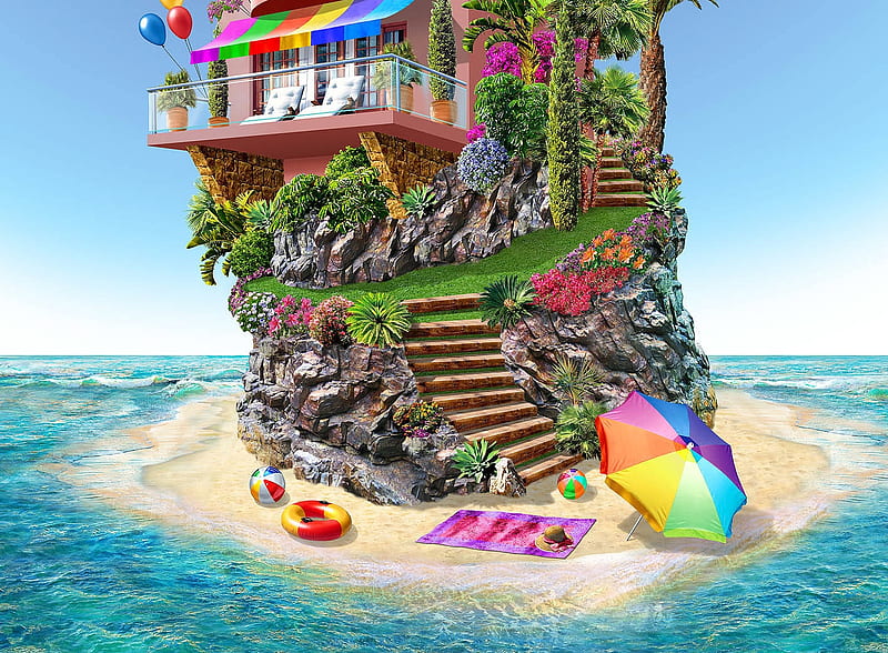 Summer, luminos, umbrella, sea, beach, fantasy, water, adrian chesterman, blue, HD wallpaper