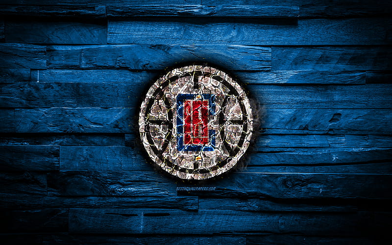 Los Angeles Clippers scorched logo, NBA, blue wooden background, american basketball team, Western Conference, grunge, LA Clippers, basketball, Los Angeles Clippers logo, fire texture, USA, HD wallpaper