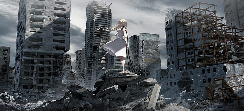 anime apocalypse, girl singing, white dress, sadness, Anime, HD wallpaper