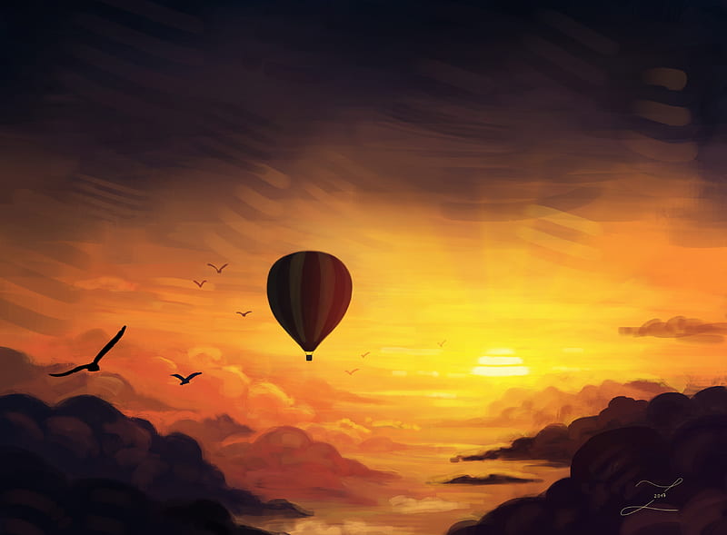 Air Balloon Sunset Digital Art, air-balloon, artist, artwork, digital-art, HD wallpaper