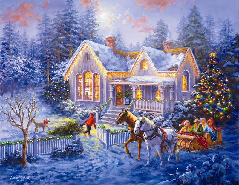 Welcome home, family, house, cottage, welcome, home, bonito, snowy, santa claus, eve, lights, cold, nice, sledge, frost, forest, lovely, rise, holiday, christmas, trees, horse, winter, snow, ice, nature, HD wallpaper