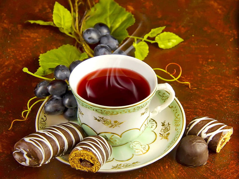 Aromatic tea, aromatic, pretty, lovely, tea, fruit, grape, afternoon, cookies, leaves, cup, morning, smoke, HD wallpaper