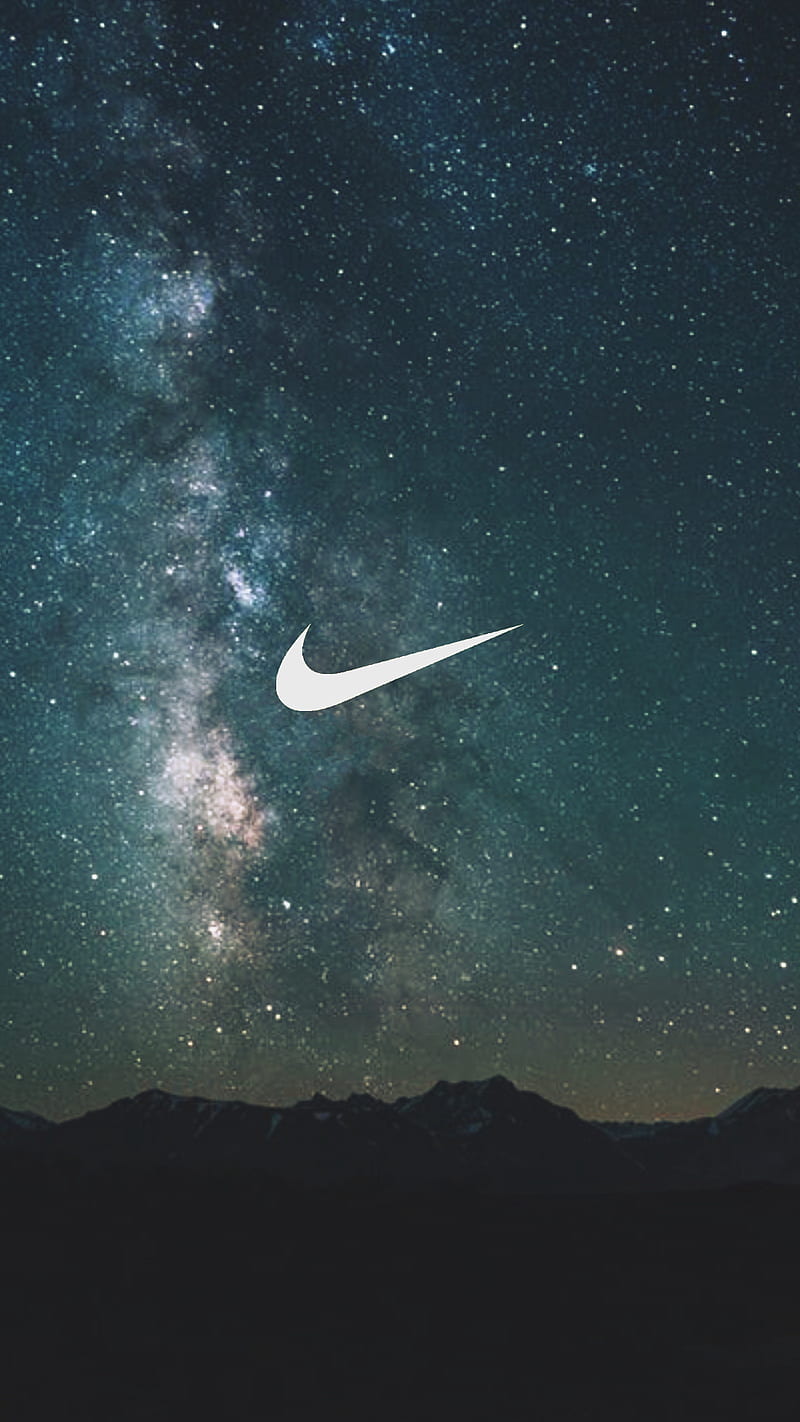 Nike, brand, galaxy, logo, mountains, nature, night, night sky, sky, HD phone wallpaper