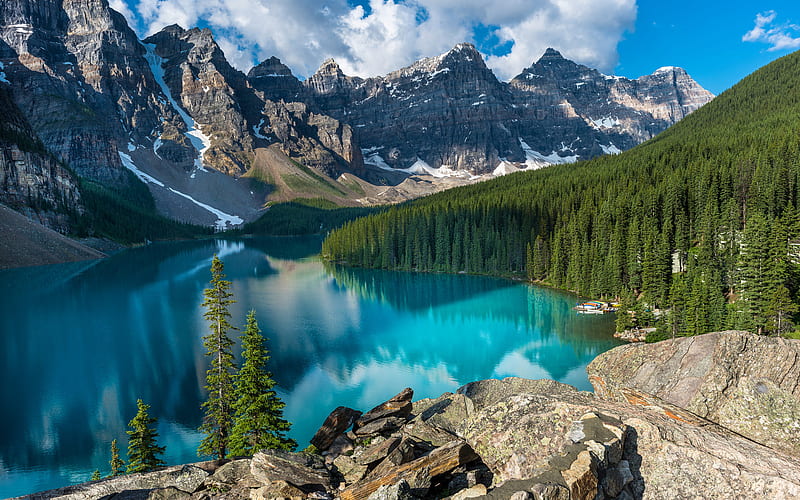 Banff National Park, Moraine Lake, forest, blue lake, summer, mountains, Canada, HD wallpaper