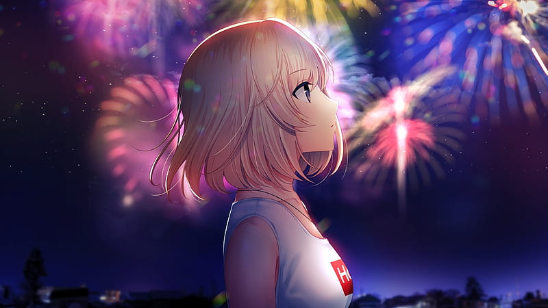 moniwa yuka, swallowtail, fireworks, blonde, profile view, visual novel, Anime, HD wallpaper