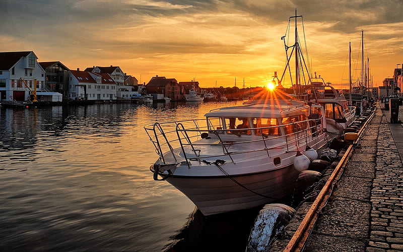 Haugesund, evening, sunset, embankment, white boat, cityscape, Rogaland, Norway, HD wallpaper