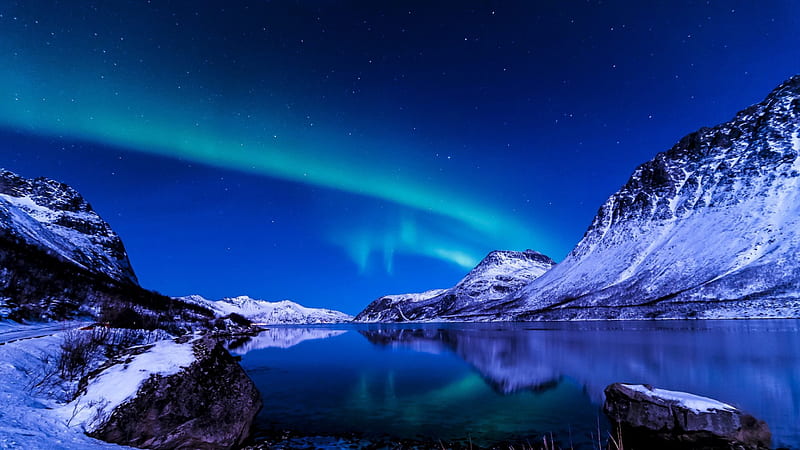 northern lights over a blue lake on a blue night, stars, northern lights, mountains, lake, night, HD wallpaper