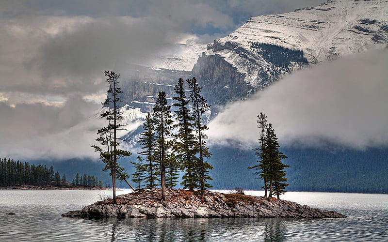 Island in Lake Minnewanka, Banff, Alberta, Mountains, Canada, Lake, Nature, Island, HD wallpaper