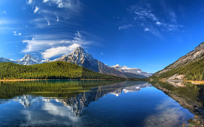 Mount Chephren Reflected On Waterfowl Lake, forest, Banff National Park, bonito, lake, mountain, reflecton, green, Canada, snowy peaks, blue, HD wallpaper