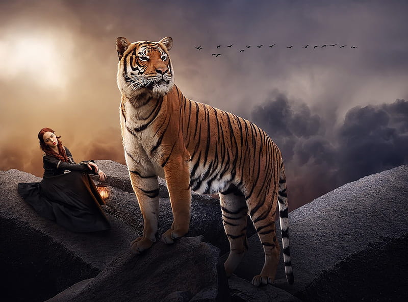 Big Tiger, fantasy, tiger, woman, animal, HD wallpaper