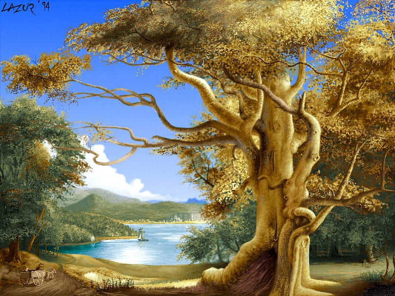 Big Tree Oil Painting Nature, Big Tree Landscape Pictures