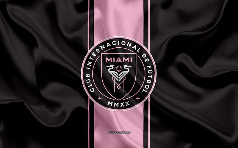 Inter Miami CF logo, pink and black silk flag, Inter Miami CF, american football club, MLS, pink black silk texture, Inter Miami, USA, football, HD wallpaper
