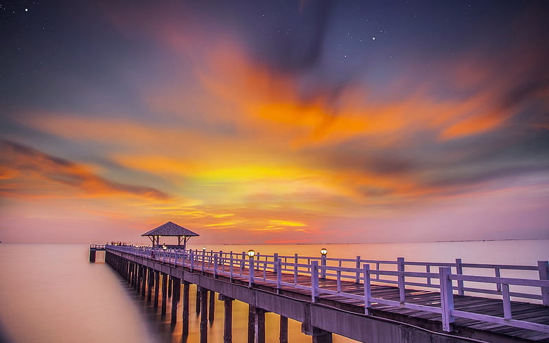 Ocean Pier Sunset, ocean, sunset, nature, HD wallpaper