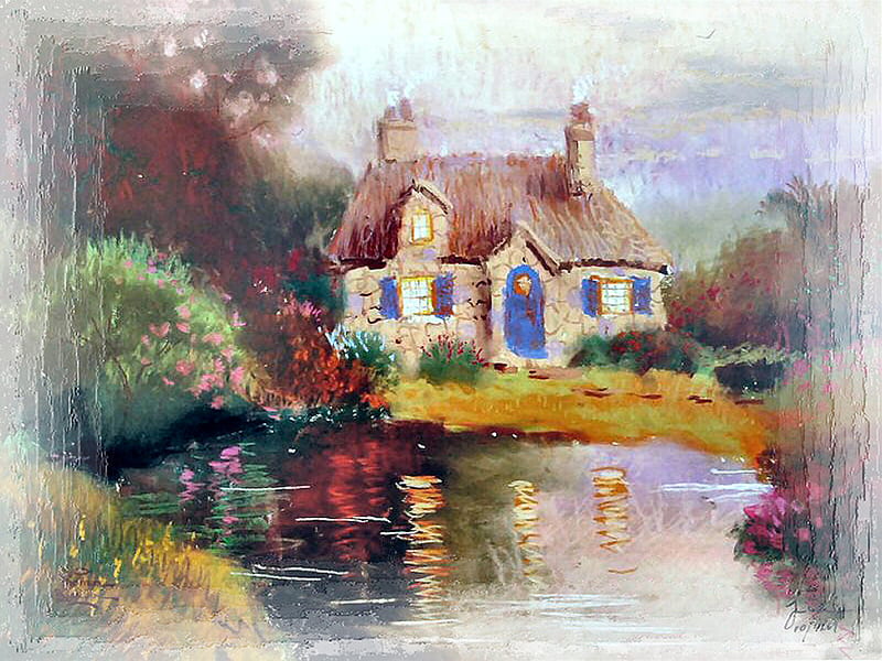 Pastel Cottage 2, art, blue door, cottage, lake, artwork, thomas kinkade, girrard, painting, scenery, kinkade, HD wallpaper