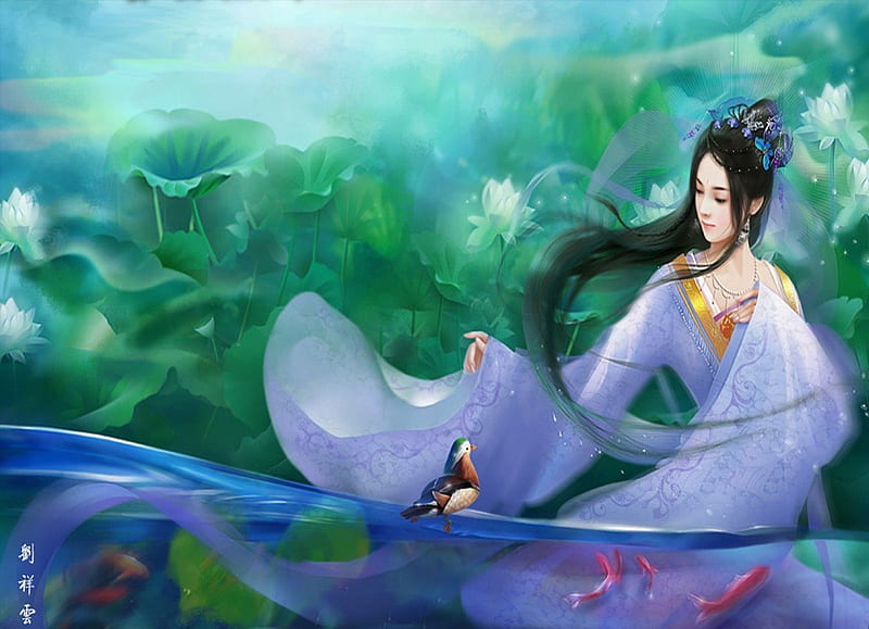 Wind of Water, original, fish, butterfly head, chinese clothes, play, chinese girl, fantasy, duck, butterfly, hot, beauty, long hair, black hair, female, wind, smile, sexy, water, cool, flower, HD wallpaper