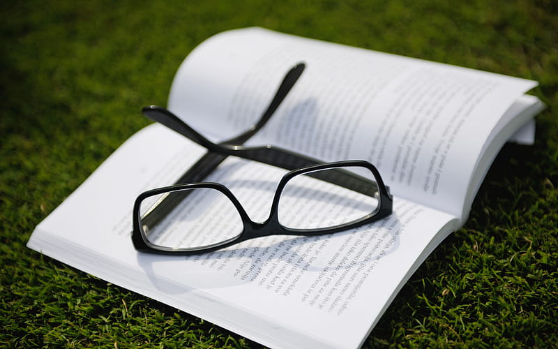 glasses on a book, green grass, mood, white paper, reading book concepts, HD wallpaper
