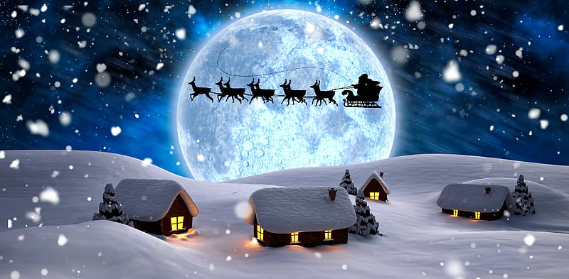 Santa's sleigh ride, sleigh, pretty, cold, moon, village, evening, reindeers, light, frost, night, holiday, christmas, houses, sky, Santa, winter, snow, snowflakes, ride, snowfall, peaceful, earth, north pole, HD wallpaper