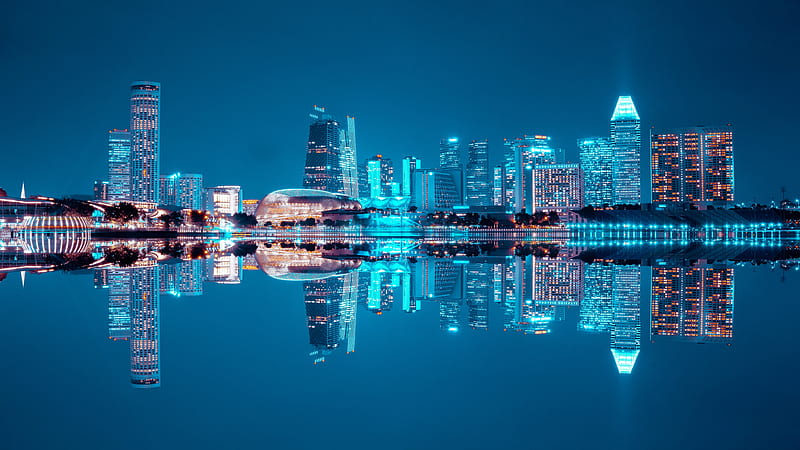 singapore, skyscrapers, night, reflection, modern architecture, lights, City, HD wallpaper