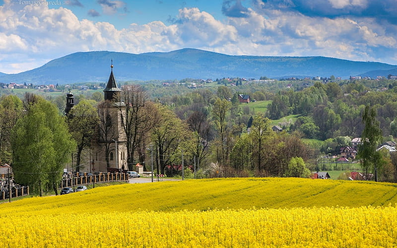 Fields of Poland, Poland, fields, church, mountains, rural, HD wallpaper