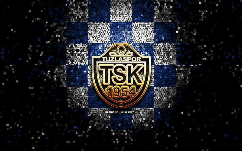 Tuzlaspor FC, glitter logo, 1 Lig, blue white checkered background, soccer, turkish football club, Tuzlaspor logo, mosaic art, TFF First League, football, Tuzlaspor, HD wallpaper