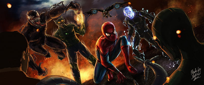 Spiderman Vs Sinister Six, spiderman, sinister-six, artwork, artist, artstation, HD wallpaper