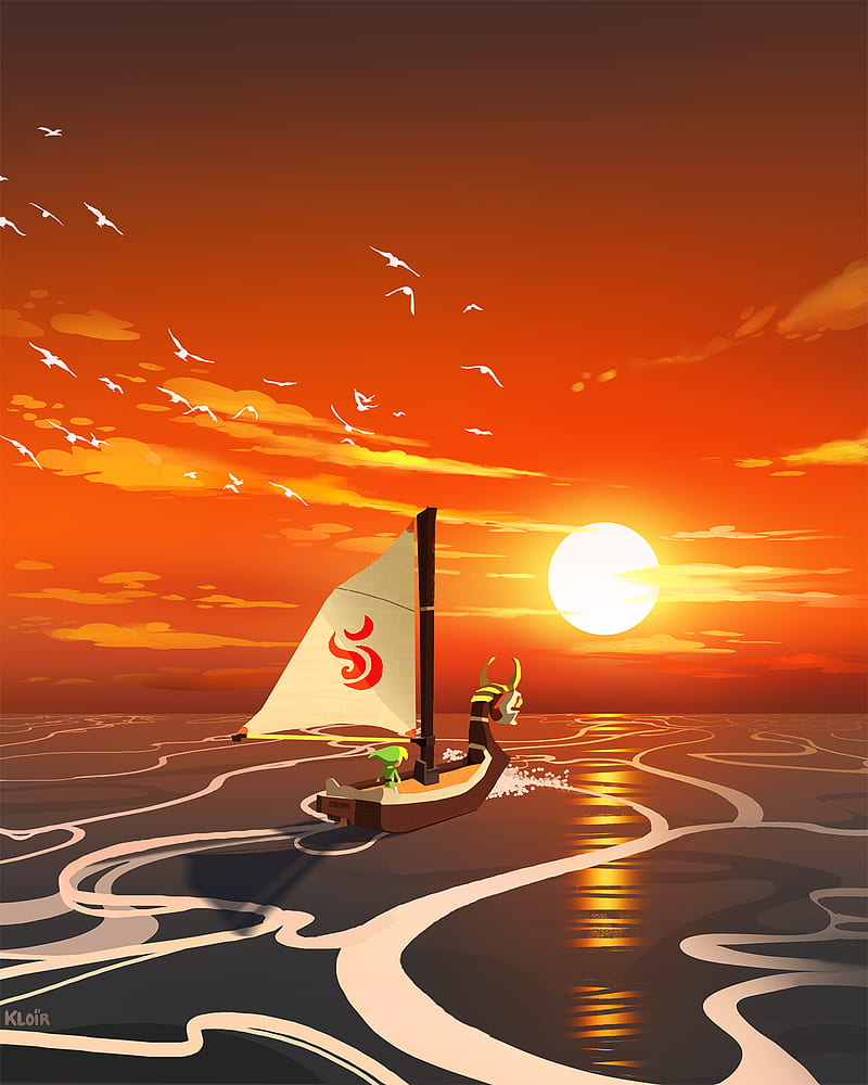 Link, sunset, boat, sailing, The Legend of Zelda, The Legend of Zelda: Wind Waker, seagulls, King of Red Lions, HD phone wallpaper