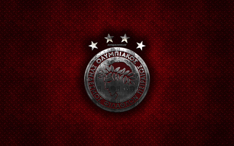 Olympiacos FC, Greek football club, red metal texture, metal logo, emblem, Piraeus, Greece, Super League Greece, creative art, football, Olympiakos Piraeus, HD wallpaper