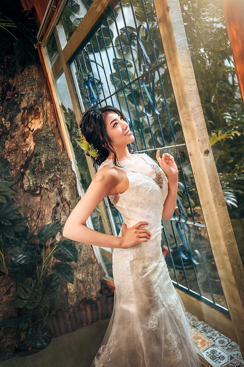 Asian, model, standing, leaves, looking at viewer, women, dress, white dress, HD phone wallpaper