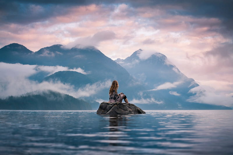 Silent Moment, sky, woman, clouds, lake, girl, mountains, dreamer, nature, landscape, HD wallpaper