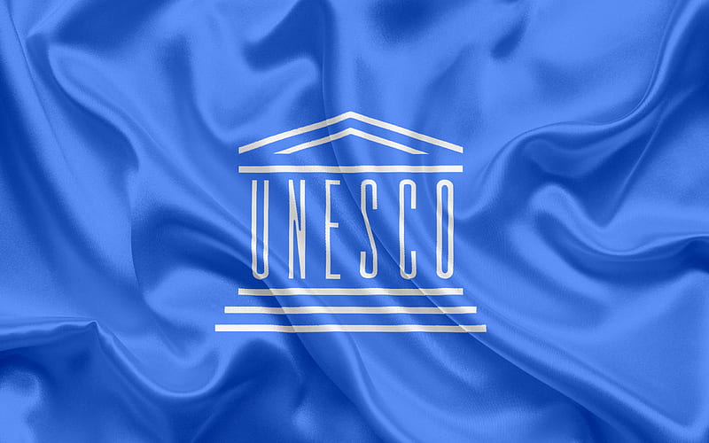 UNESCO Flag, symbols, emblem, logo, UNESCO, United Nations Educational, Scientific and Cultural Organization, blue silk flag, Flag of UNESCO, HD wallpaper