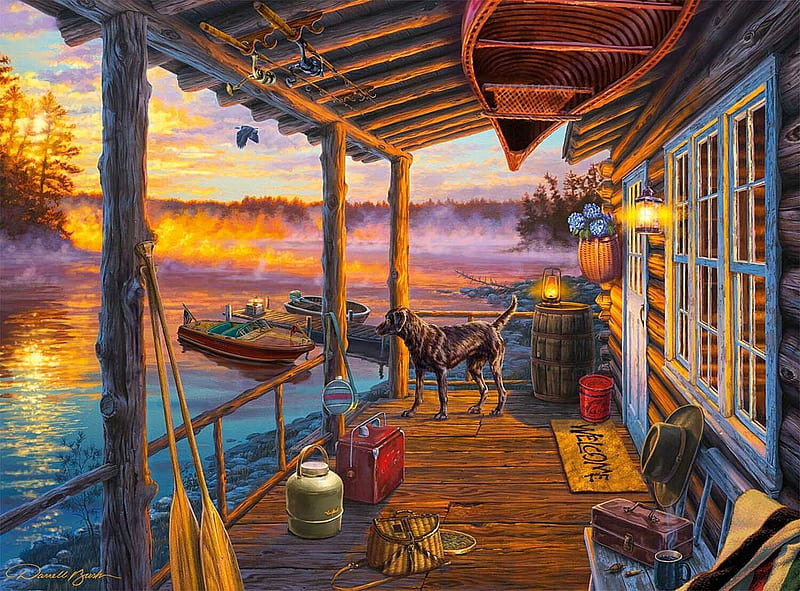 Opening Day, sunrise, cabin, sky, mist, dog, lake, colors, artwork, boats, painting, paddles, HD wallpaper