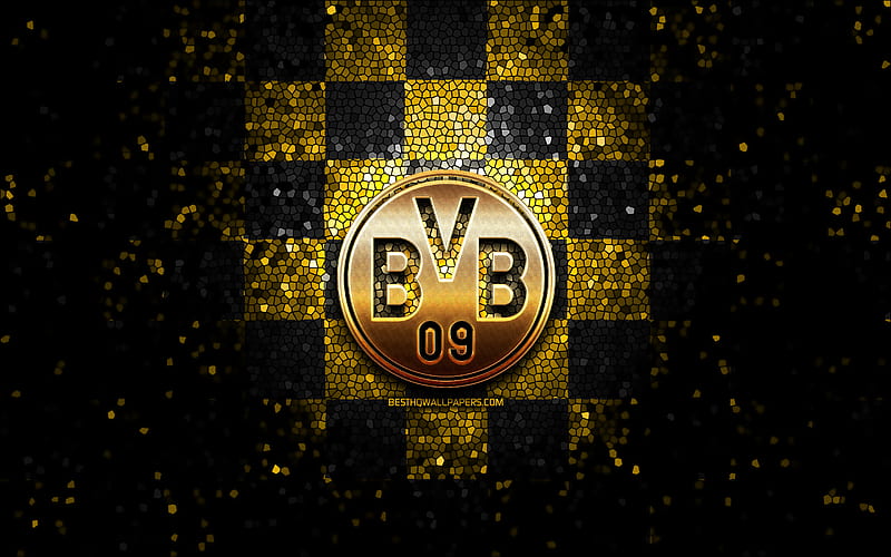 Borussia Dortmund FC, glitter logo, Bundesliga, yellow black checkered background, soccer, BVB, german football club, Borussia Dortmund logo, mosaic art, football, Germany, Borussia Dortmund, HD wallpaper