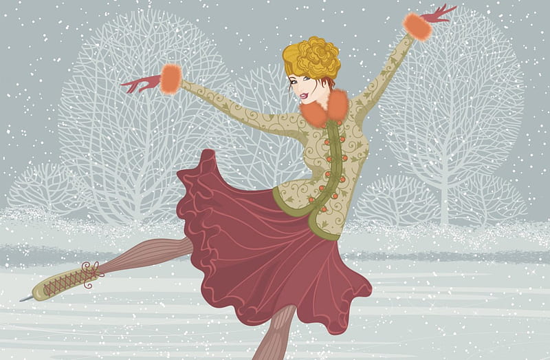 Figure Skater, ice, trees, woman, winter, HD wallpaper