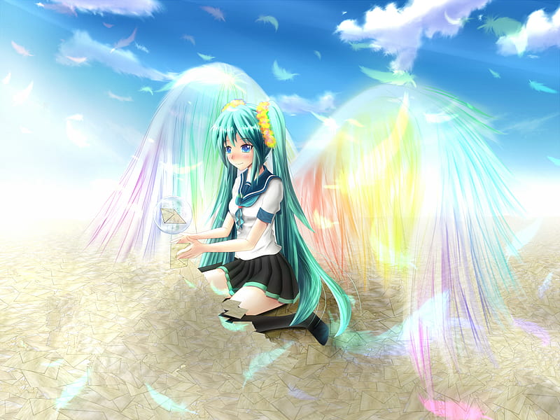 Hatsune Miku, pretty, colorful, bonito, rainbow, clouds, thighhighs, beach, nice, sand, anime, beauty, sly, vocaloids, blue eyes, blue, vocaloid, wings, twintail, angel, skirt, miku, cute, hatsune, cool, blue hair, uniform, awesome, blushing, HD wallpaper