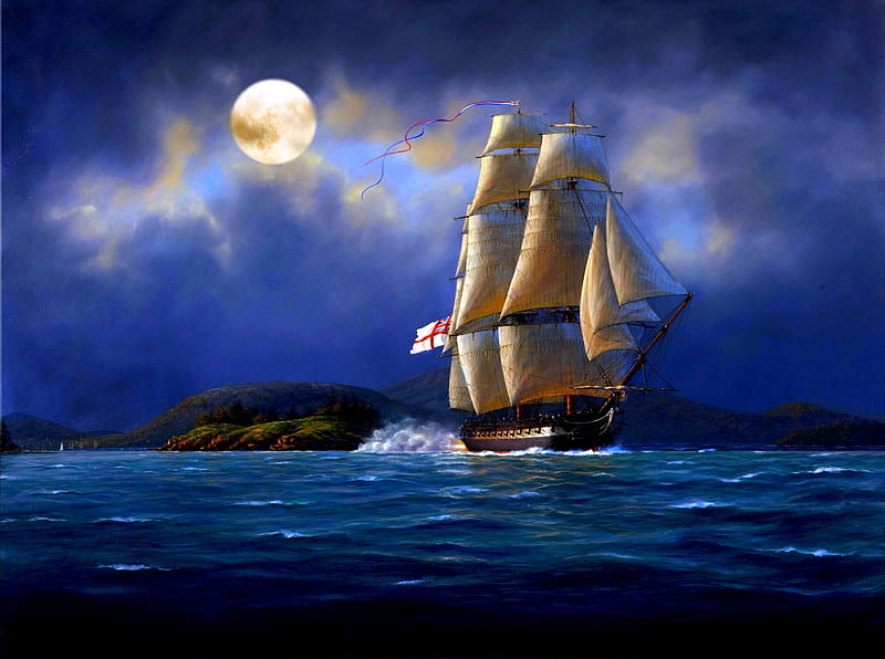 MOONLIGHT SAILING, sail boat, sky, sea, fullmoon, sail, HD wallpaper