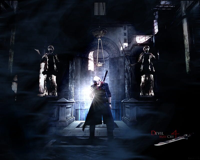 Nero, games, male, video games, dark background, gauntlet, devil may cry, trench coat, statues, anime, lone, sword, dmc, HD wallpaper