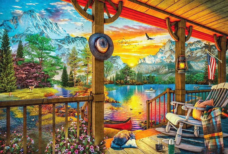 Early Morning Fishing, flowers, veranda, digital, artwork, lake, mountains, cat, chair, boat, HD wallpaper