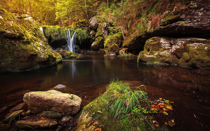 Small forest waterfall in autumn, leaves, fall, autumn, beautiful, forest, stones, foliage, creek, quiet, stream, HD wallpaper