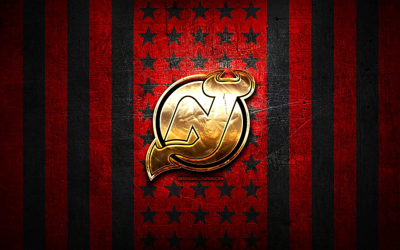 New Jersey Devils flag, NHL, red black metal background, american hockey team, New Jersey Devils logo, USA, hockey, golden logo, New Jersey Devils, HD wallpaper