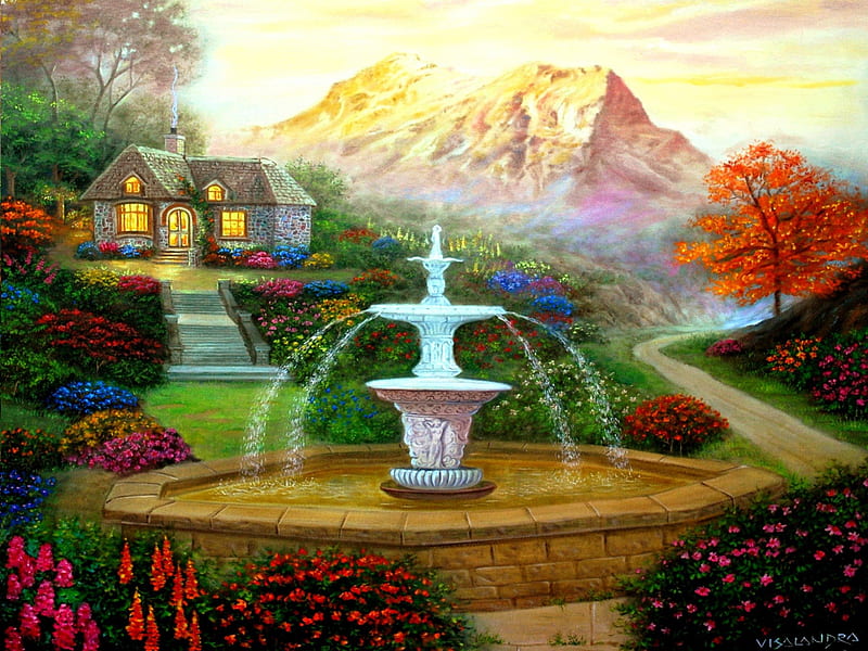 GARDEN HOUSE, fountain, cottage, mountains, Vishalandra Dakur, garden, HD wallpaper