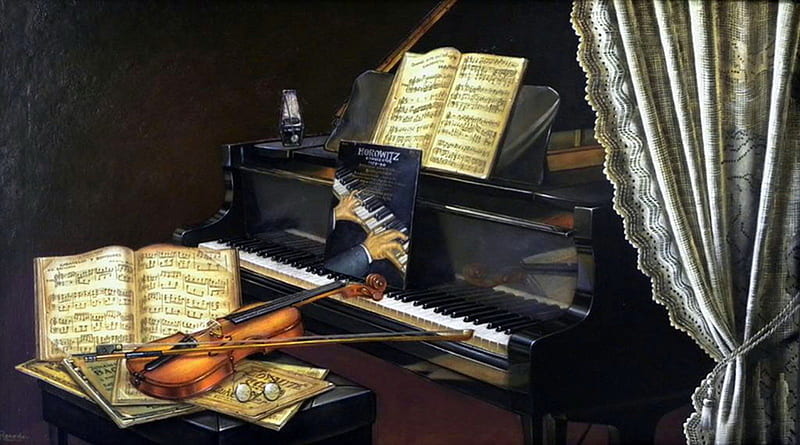 by Ricardo Renedo, art, oil, viola, music, painting, old, piano, HD wallpaper