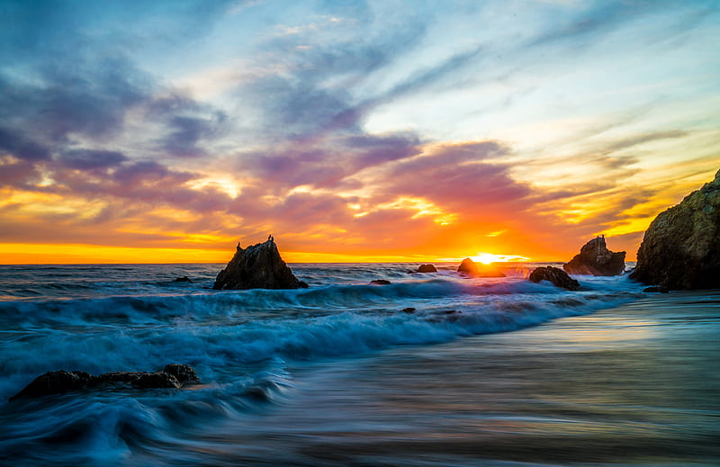 Malibu Coast at Sunset, crag, usa, nature, sunset, waves, clouds, sky, coast, HD wallpaper