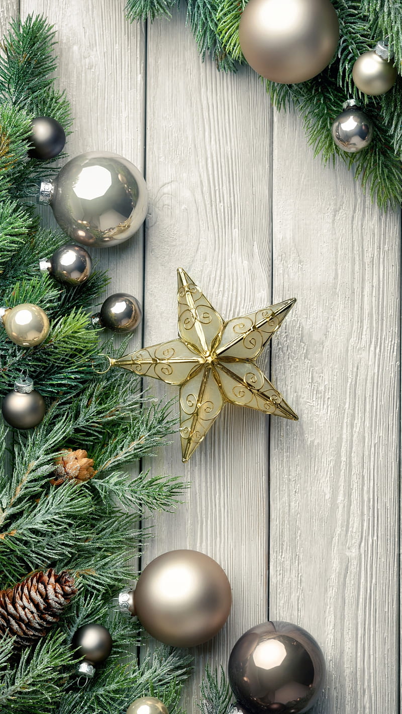Its Christmas, balls, decoration, merry christmas, pine tree, silver, star, woiden, wood, HD phone wallpaper
