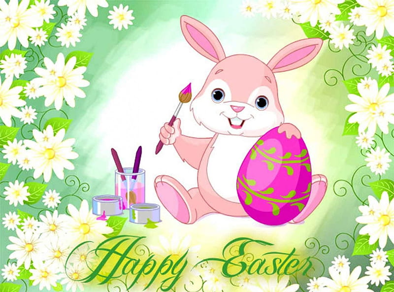 PINK EASTER BUNNY, EASTER, BUNNY, PINK, EGGS, GREETING, PAINTING, HD wallpaper